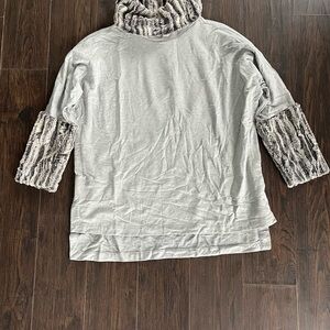 Gray Turtleneck Top with Faux Fur Accents